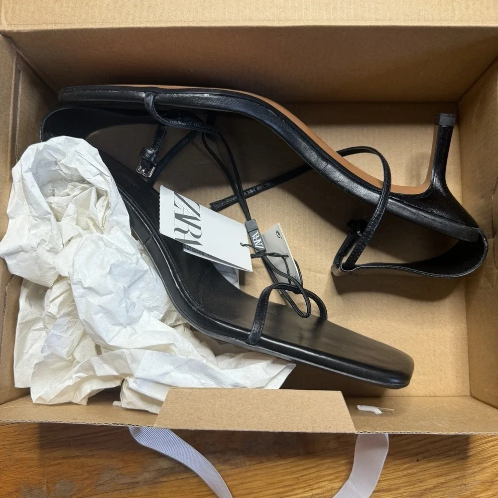 ZARA Black Strappy Heels Sandals Womens Size 11 US 42 EU Open Toe Ankle Strap